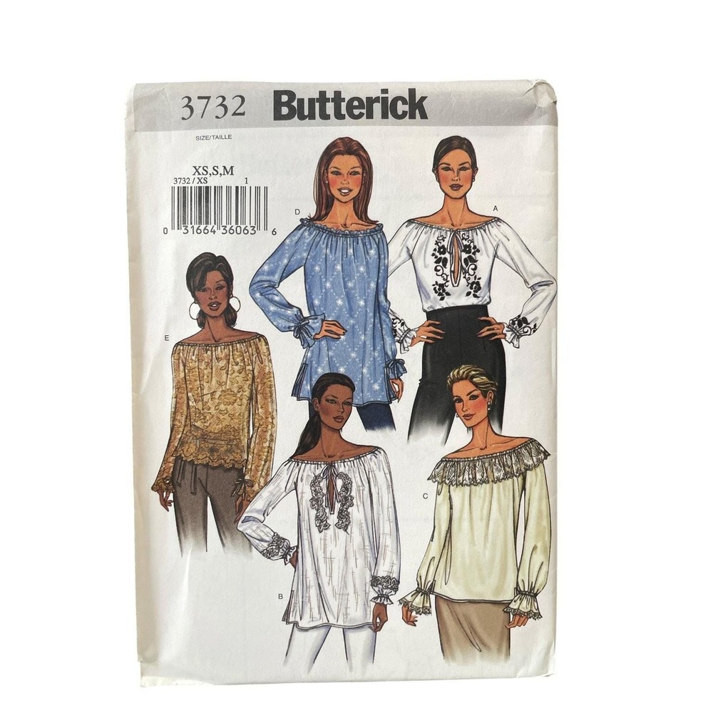 Butterick 3732 Misses Top Blouse Tunic XS S M Y2K Peasant Style Uncut FF